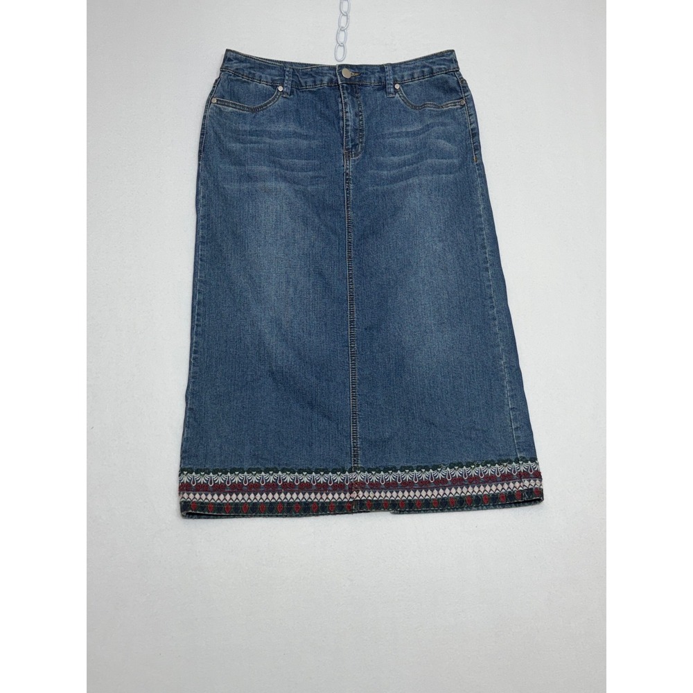 Christopher & Banks Denim Midi Skirt Embroidered Hem Blue Size 12
